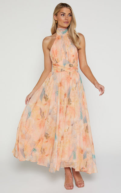 Celina™ | Elegantes tailliertes Maxikleid mit Aquarell-Print