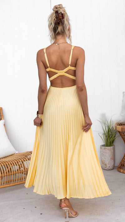 Maris – Sonnengelbes Plissée-Maxikleid mit V-Ausschnitt